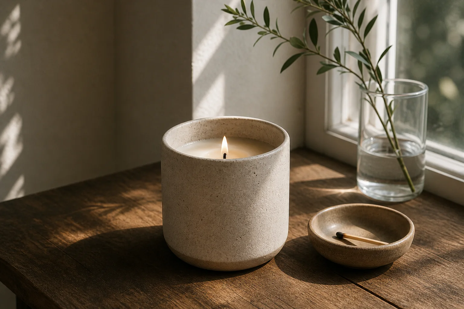 A ceramic candle burning beside a sunlit window